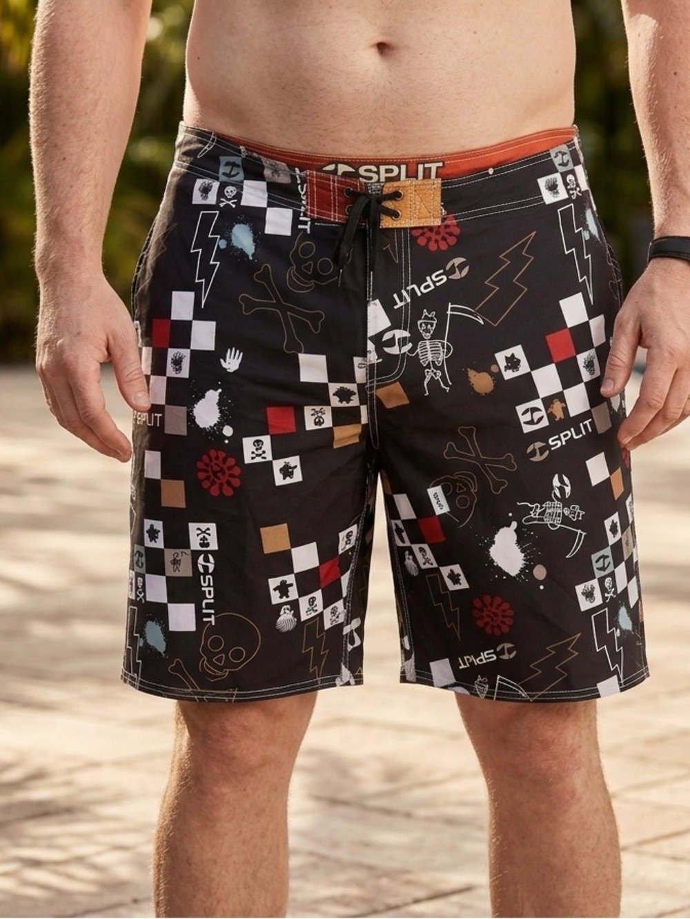 split Black Board Shorts with Red, Tan and White Accents